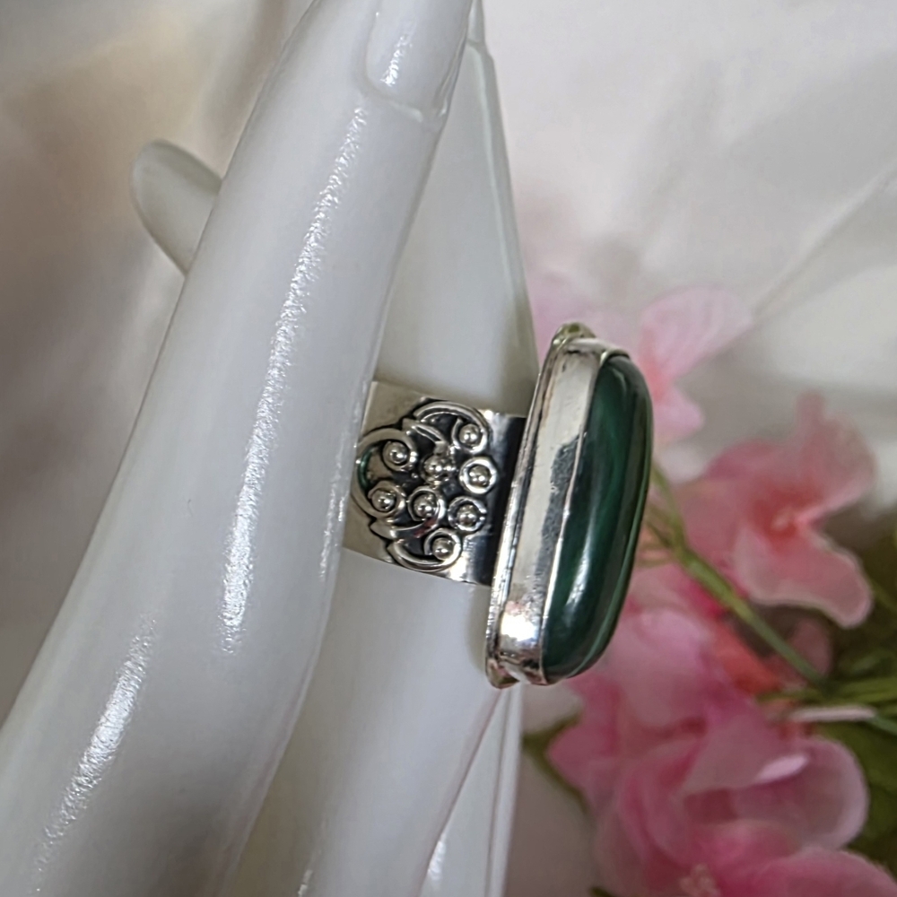 Sterling Silver Rectangle Malachite Green Stone R… - image 4